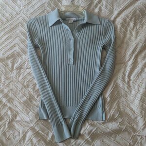 Athleta Sweet Bay Henley Ribbed Sweater XXS Light Blue Collared Long Sleeve